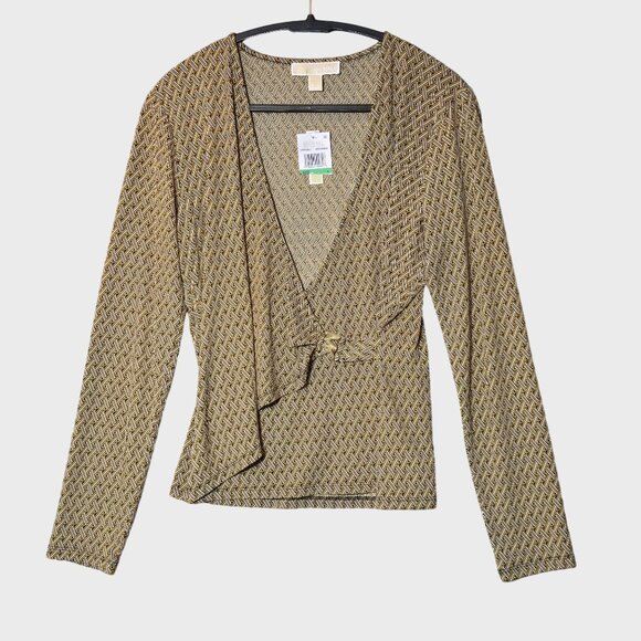 Michael Kors Geometric Retro Faux Wrap Long Sleeve V-Neck Top Tan Brown L NWT - Picture 2 of 8